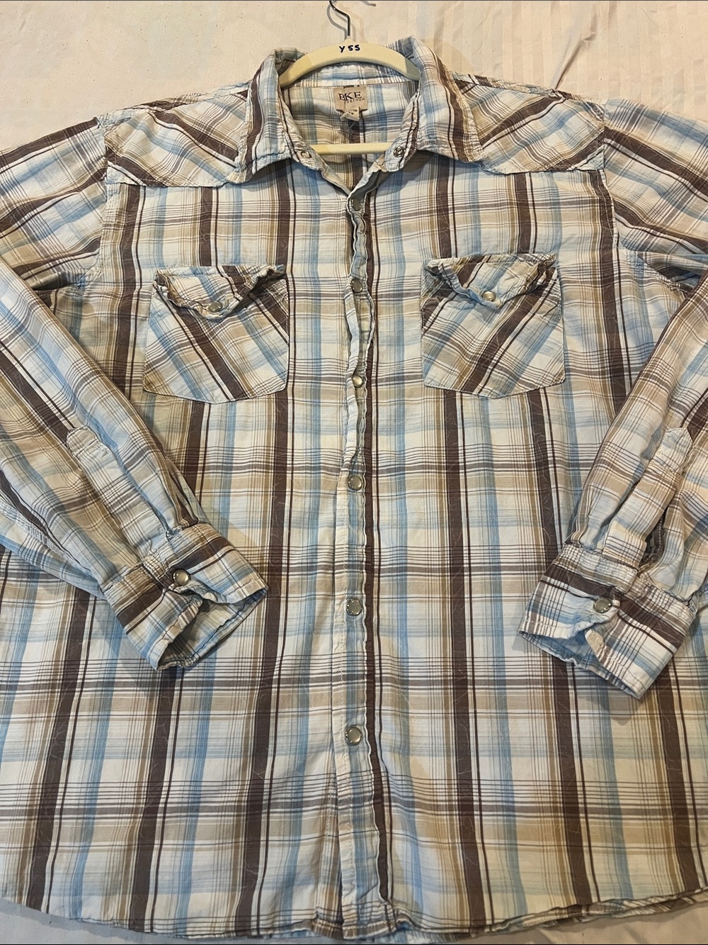 BKE Men's Light Blue and Brown Plaid Button-Down Shirt